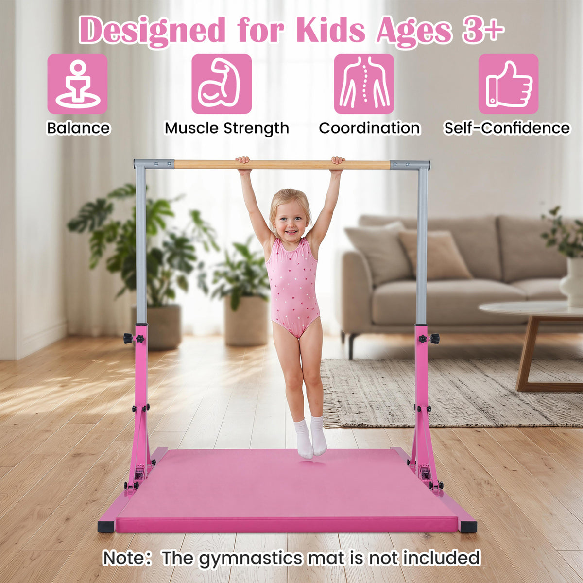 Foldable Gymnastics Bar for Kids with 3-Level Adjustable Heights-Pink