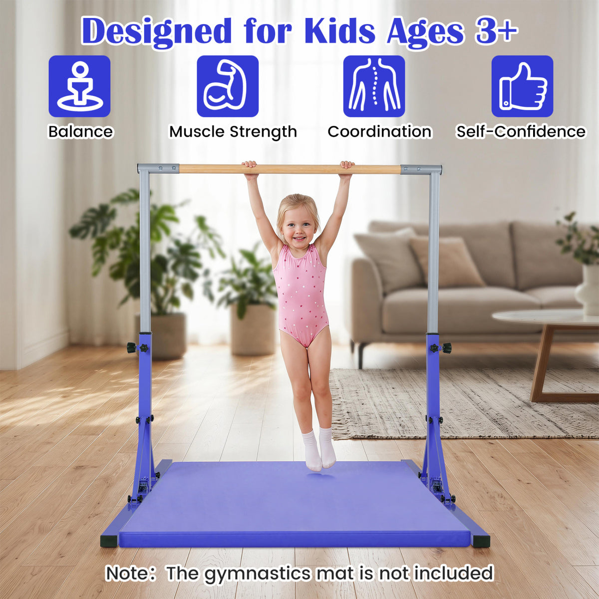 Foldable Gymnastics Bar for Kids with 3-Level Adjustable Heights-Purple
