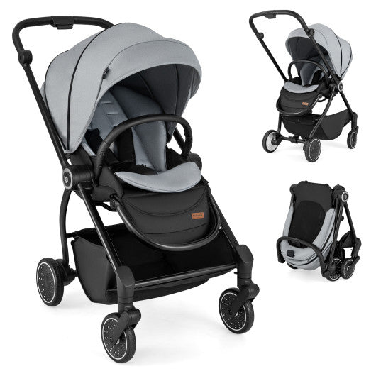 Foldable Infant Pram Stroller with Reversible Seat Reclining Backrest-Gray