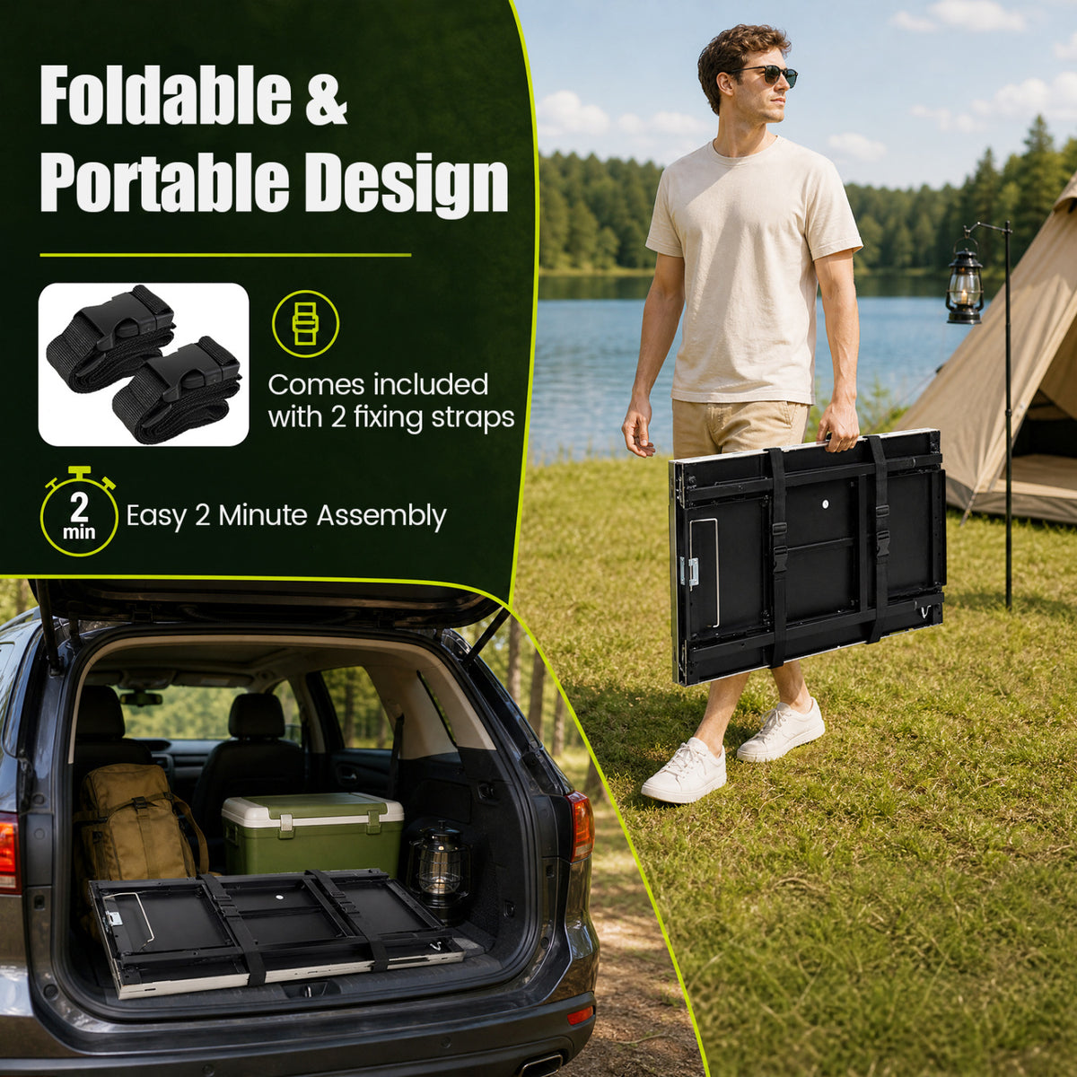 Foldable Outdoor Cook Station with Removable Shelves & Trash Bag Holder for Camping-Black
