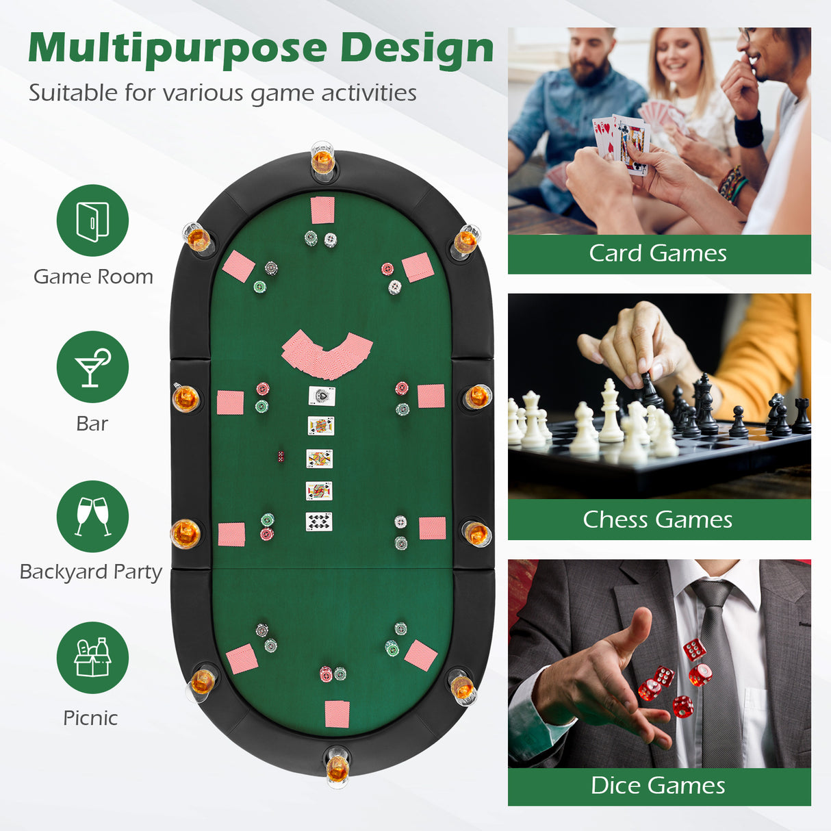 Portable 84 x 42 Inch 10-Player Foldable Padded Poker Table Top-Green