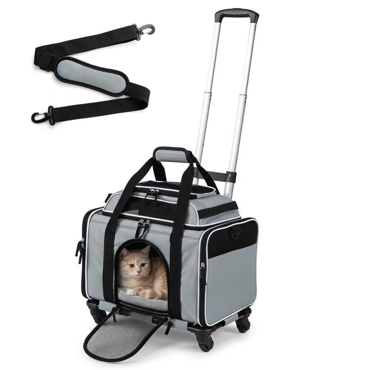 Foldable Pet Carrier with Wheels Airline Approved Rolling Cat and Dog Carrier-Grey