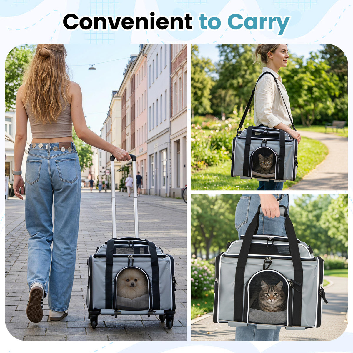 Foldable Pet Carrier with Wheels Airline Approved Rolling Cat and Dog Carrier-Grey