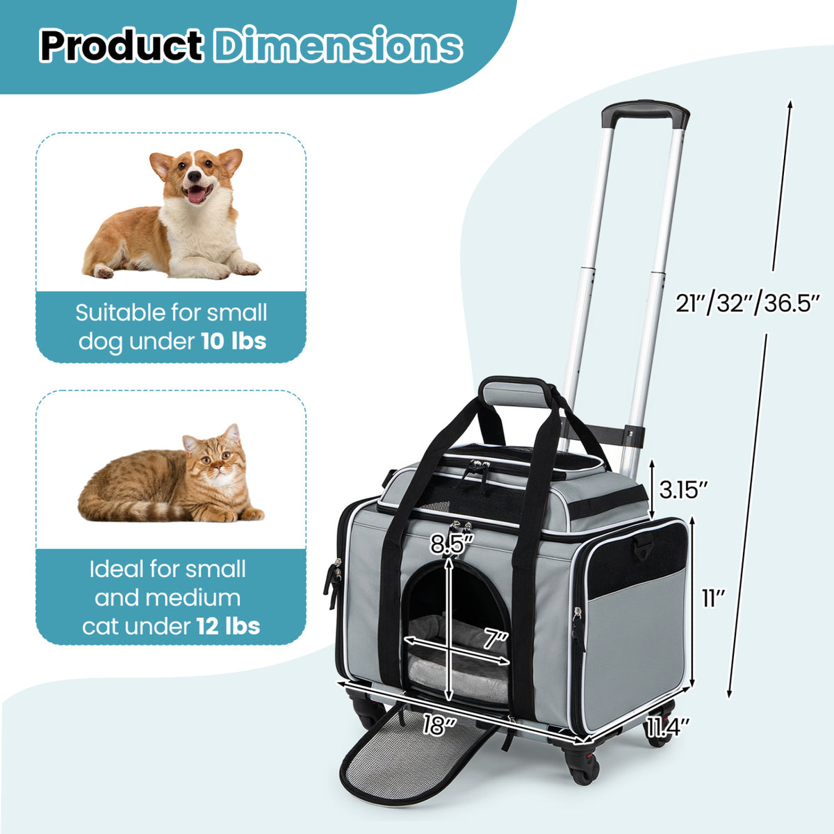Foldable Pet Carrier with Wheels Airline Approved Rolling Cat and Dog Carrier-Grey