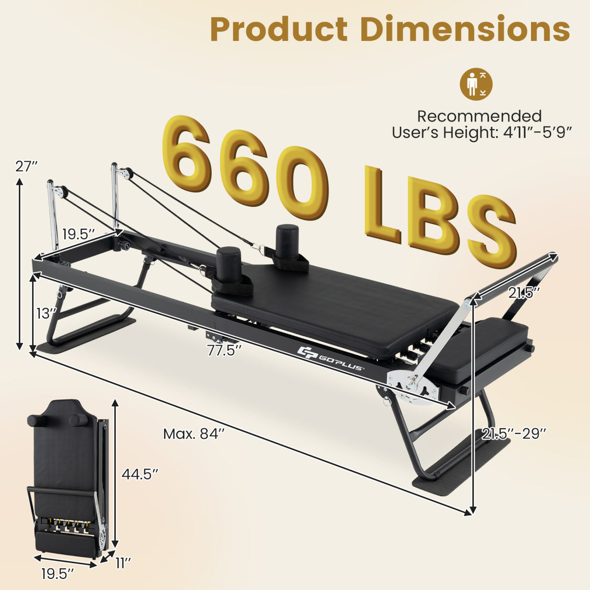 Foldable Pilates Reformer Machine for Home Gym Large Pilates Equipment-Black