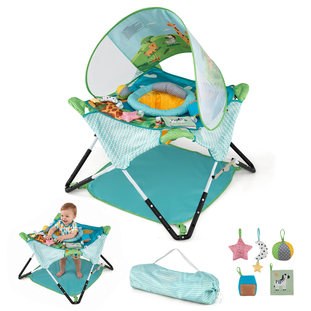 Foldable Portable Baby Jumper Indoor/Outdoor Infant Activity Center with Interactive Toys-Blue