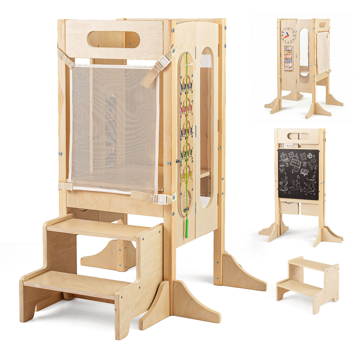 Foldable Toddler Tower with 2-Step Stool and Safety Net for 3+ Years Old