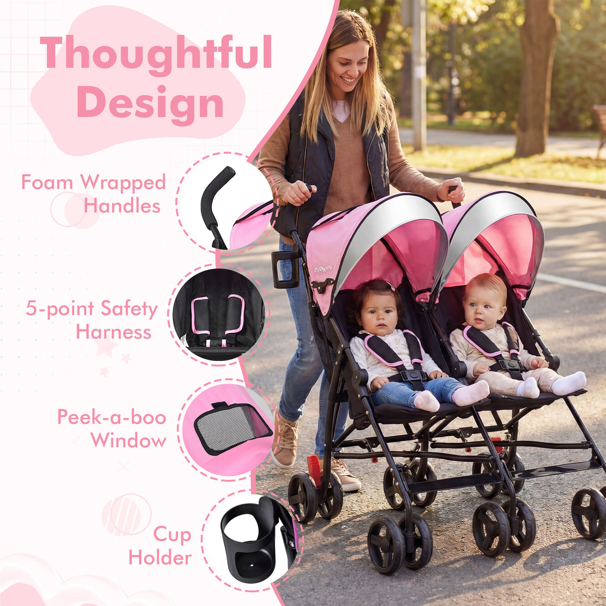 Foldable Twin Baby Double Stroller Ultralight Umbrella Kids Stroller-Black