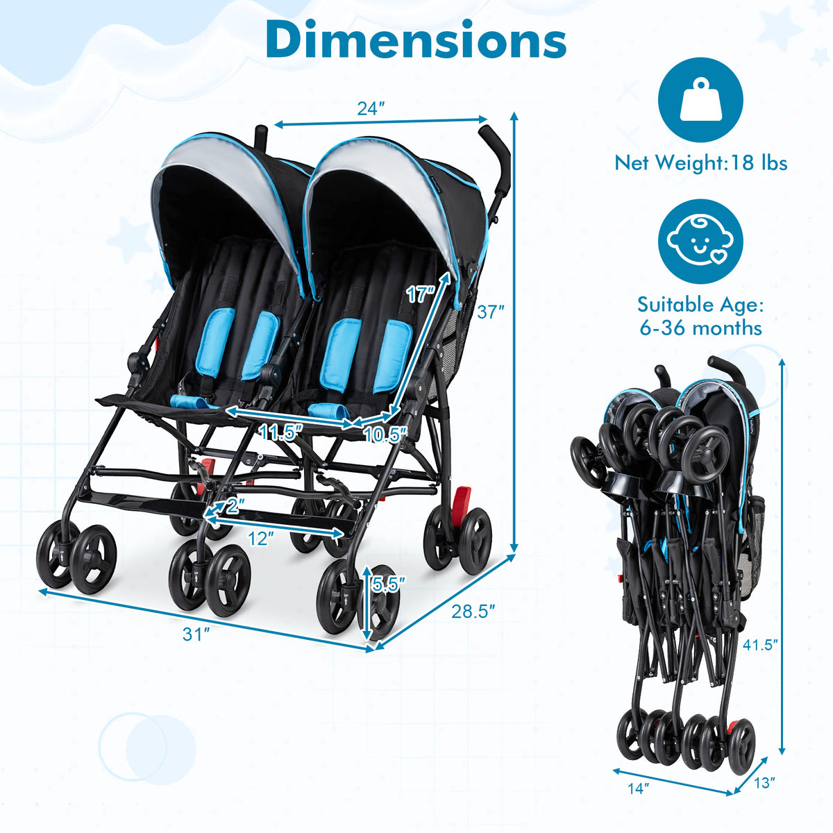 Foldable Twin Baby Double Stroller Ultralight Umbrella Kids Stroller-Navy