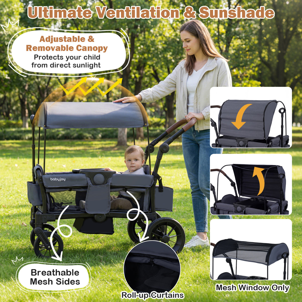 Foldable Wagon Stroller for 2 Kids Double Seater Toddler Stroller with Removable Canopy-Gray
