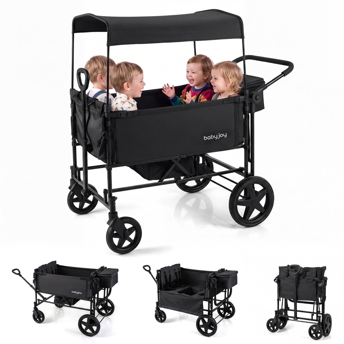 Foldable Wagon Stroller for 4 Kids with Removable Canopy and Adjustable Push-Black