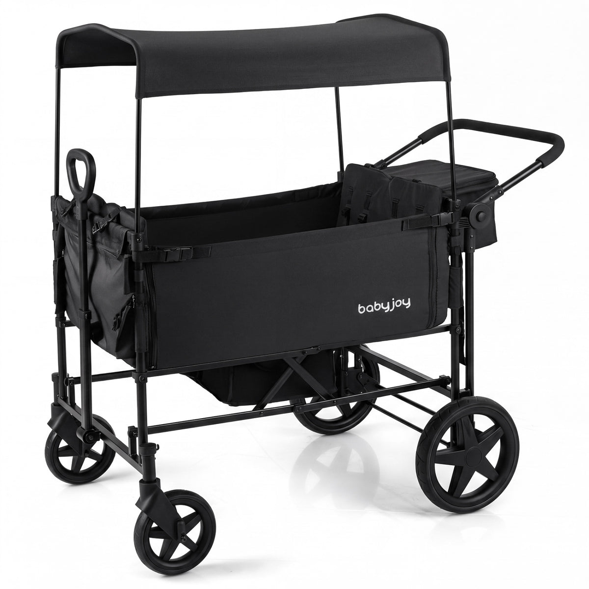 Foldable Wagon Stroller for 4 Kids with Removable Canopy and Adjustable Push-Black