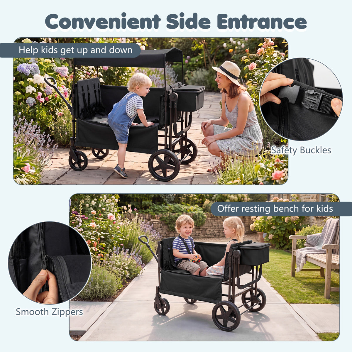 Foldable Wagon Stroller for 4 Kids with Removable Canopy and Adjustable Push-Black