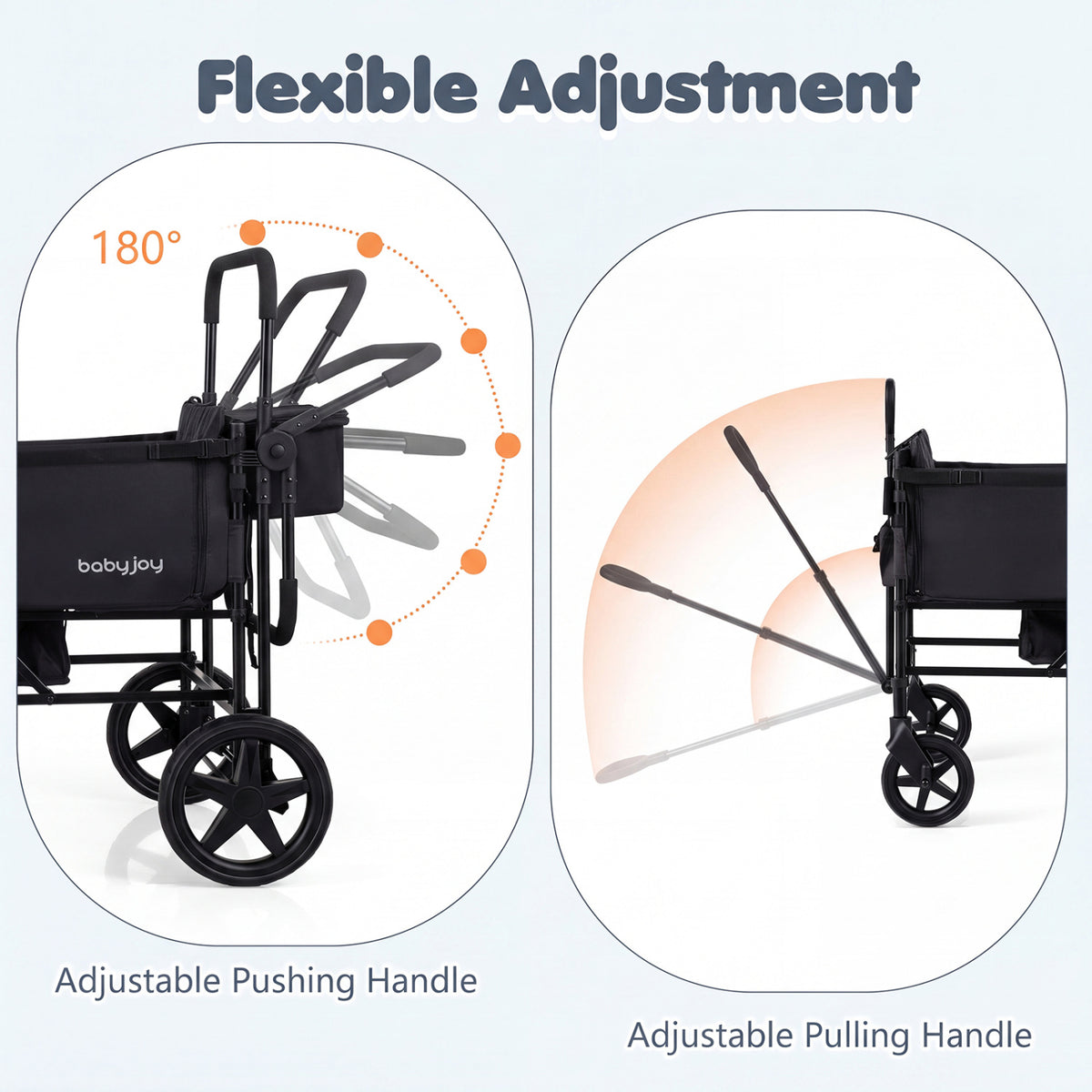 Foldable Wagon Stroller for 4 Kids with Removable Canopy and Adjustable Push-Black