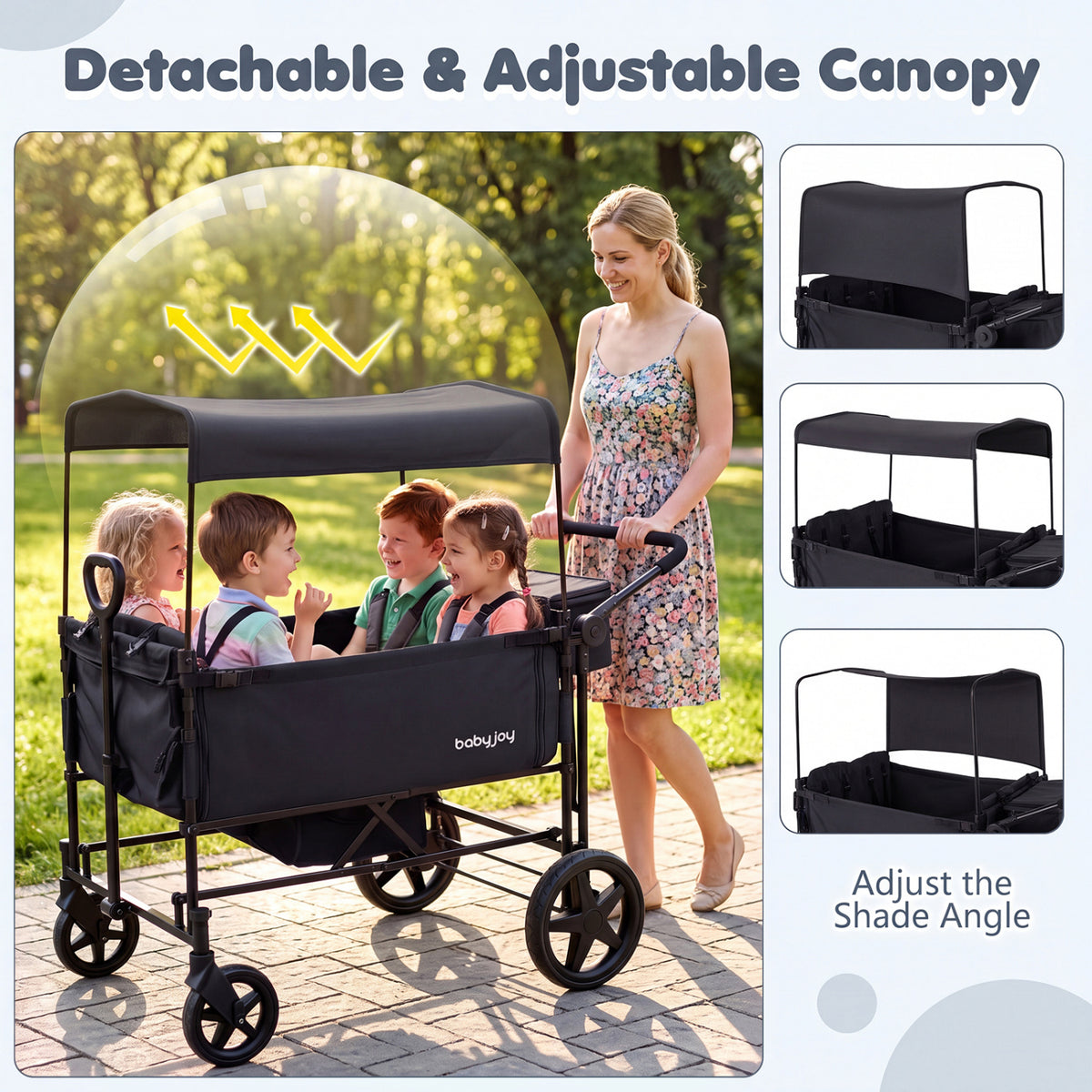 Foldable Wagon Stroller for 4 Kids with Removable Canopy and Adjustable Push-Black