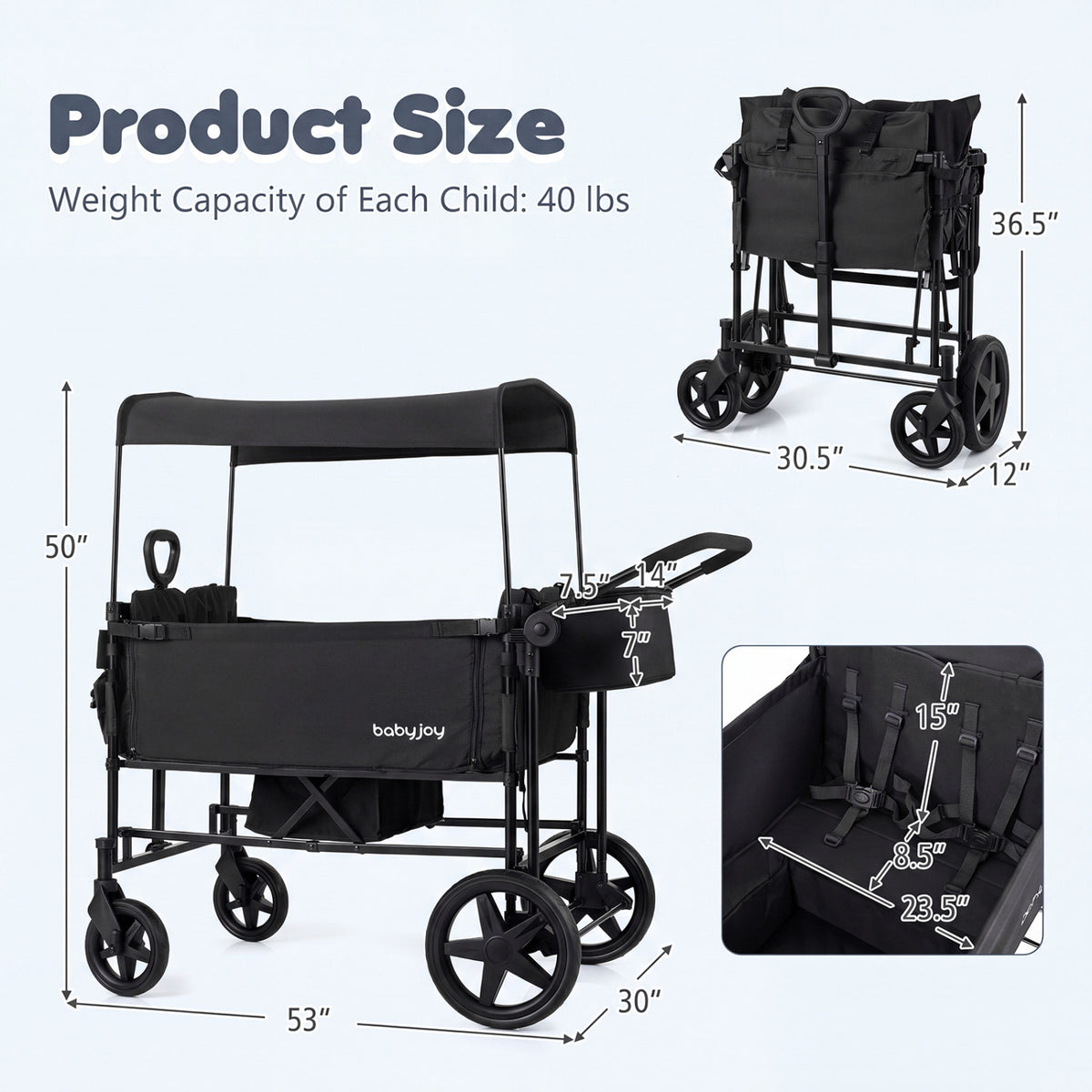 Foldable Wagon Stroller for 4 Kids with Removable Canopy and Adjustable Push-Black