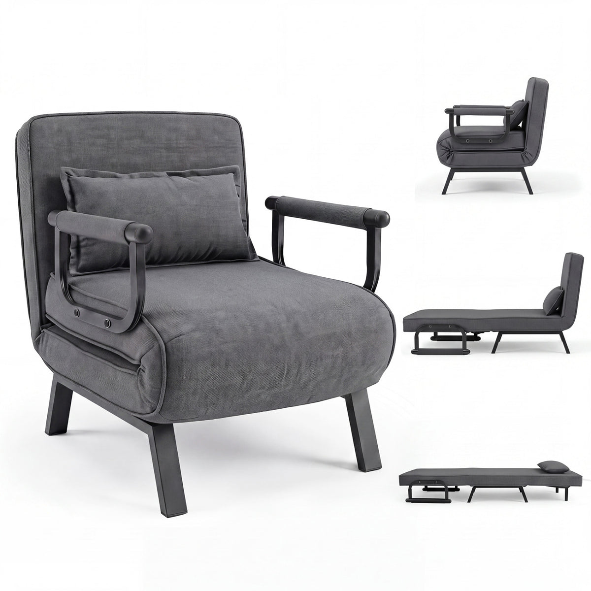 Folding 6 Position Convertible Sleeper Bed Armchair Lounge Couch with Pillow-Gray