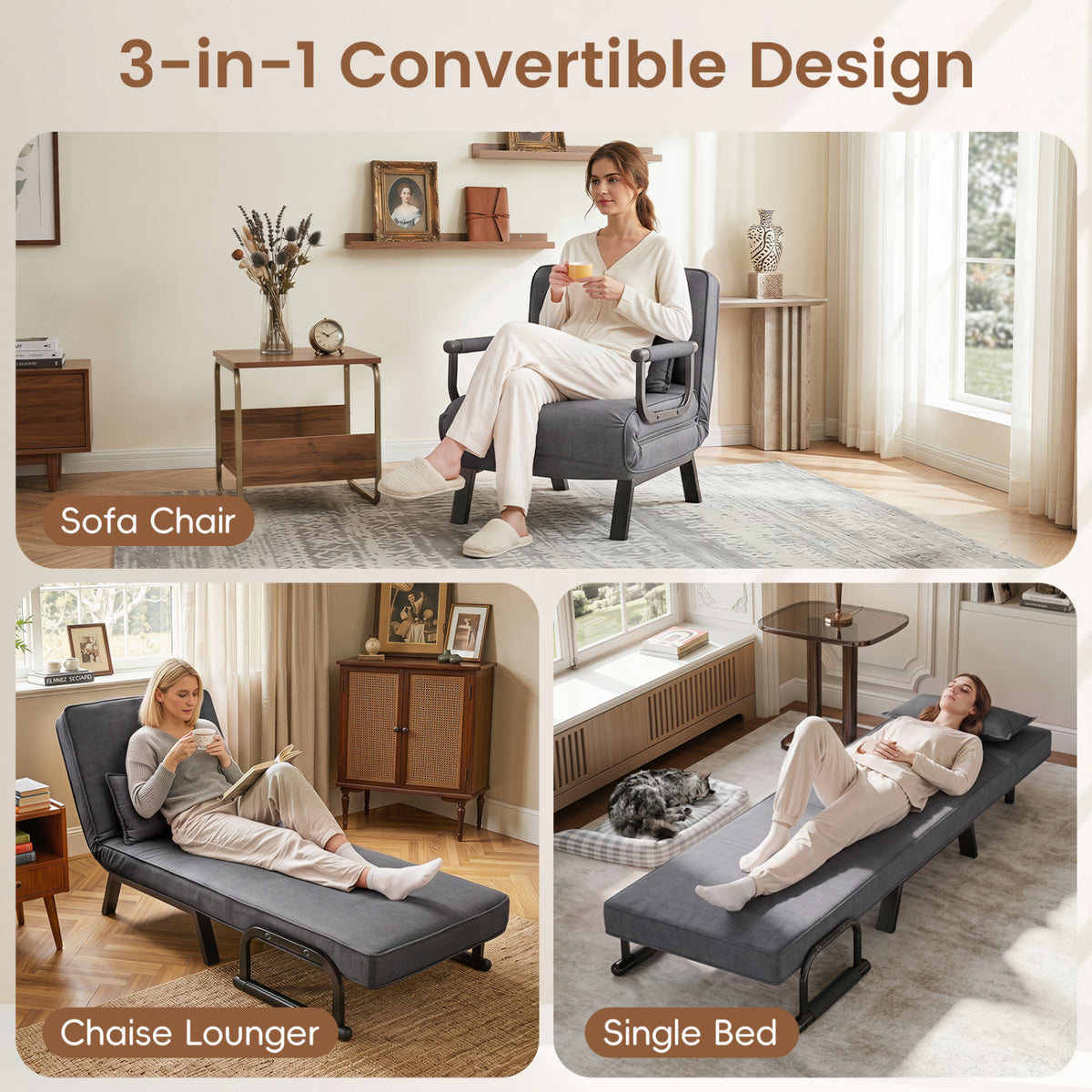 Folding 6 Position Convertible Sleeper Bed Armchair Lounge Couch with Pillow-Gray