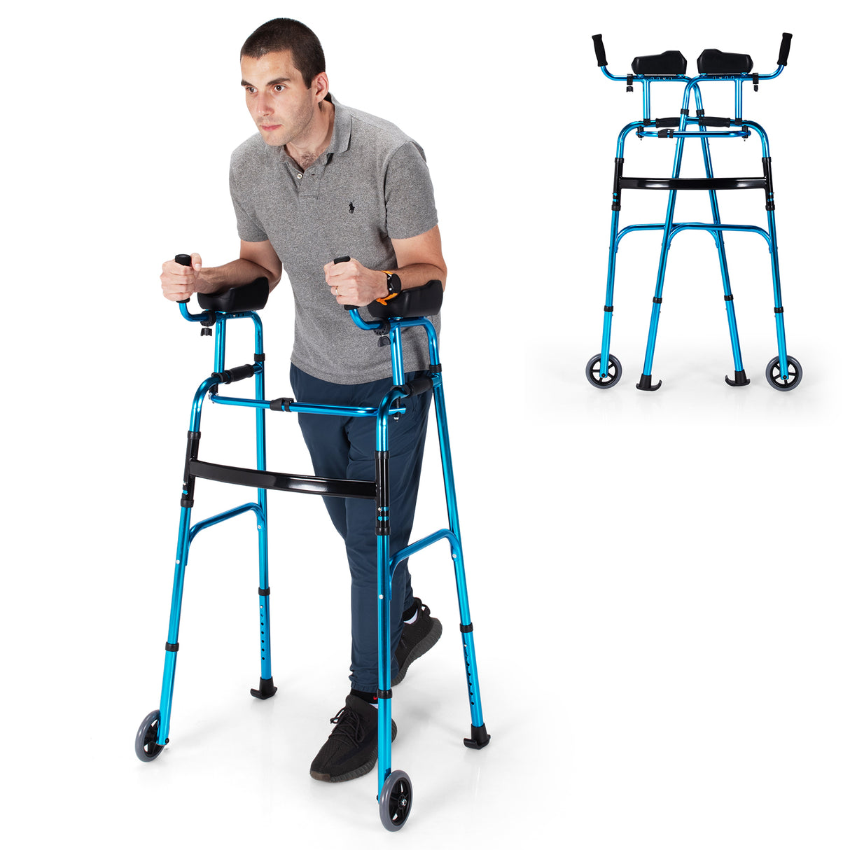 Folding Height Adjustable Walking Frame with Armrest Support-Silver