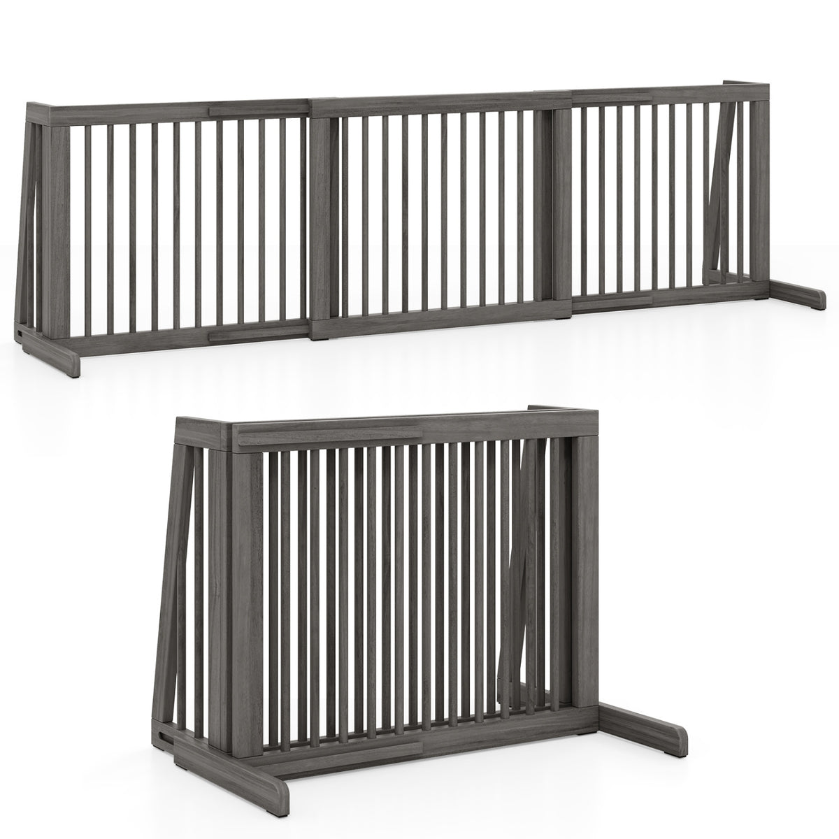 Folding Adjustable Free Standing 3 Panel Wood Fence for Dogs-Gray