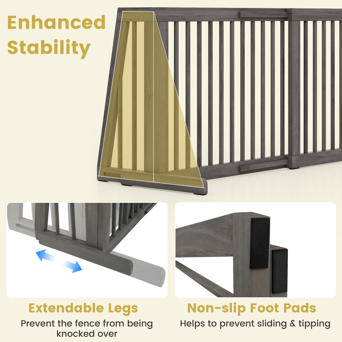Folding Adjustable Free Standing 3 Panel Wood Fence for Dogs-Gray