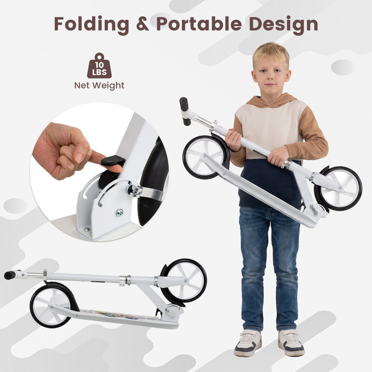 Folding Aluminum Alloy Scooter with 3 Adjustable Heights-White