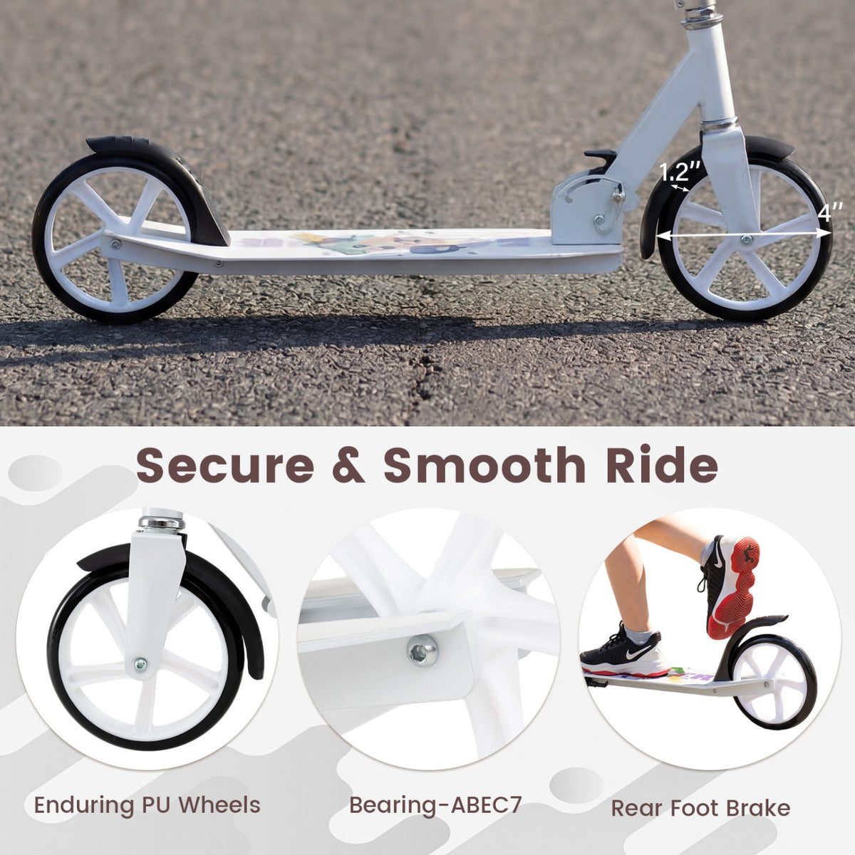 Folding Aluminum Alloy Scooter with 3 Adjustable Heights-White
