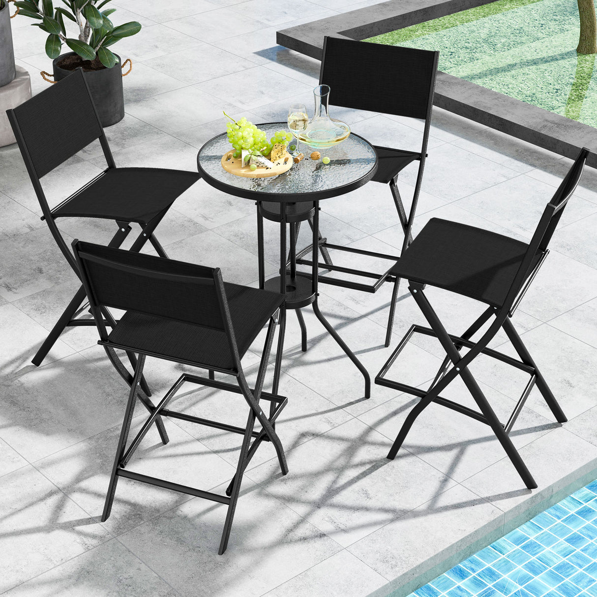 Folding Bar Stools Set of 2 Backrest Humanized Footrest-Black