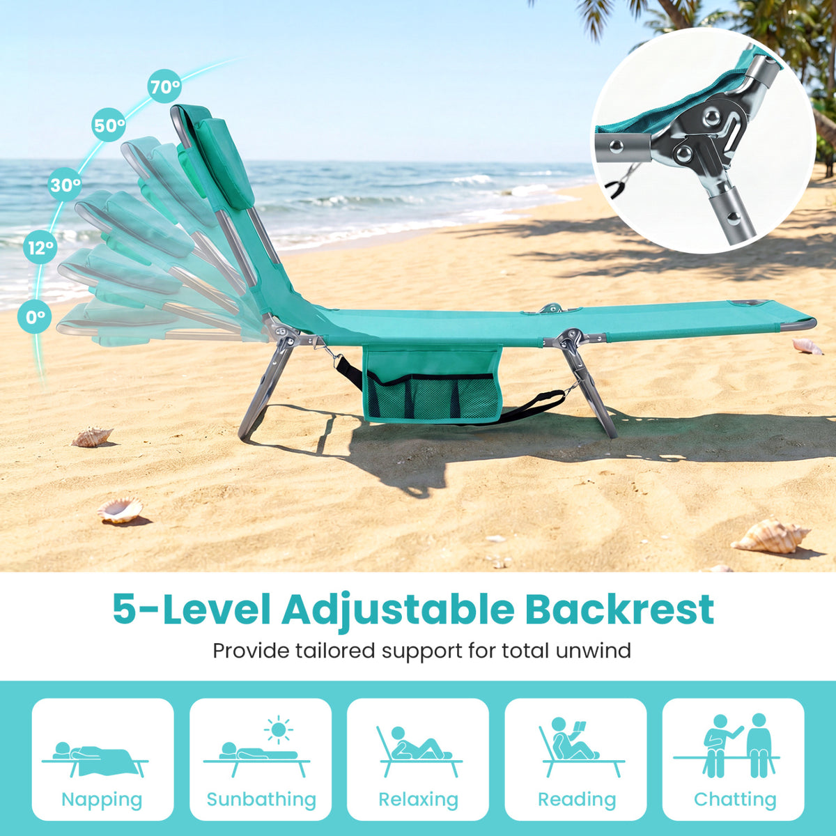 Folding Beach Lounge Chair with Adjustable Backrest for Lawn-Light Green