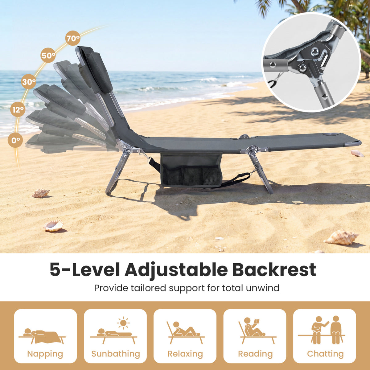 Folding Beach Lounge Chair with Adjustable Backrest for Lawn-Gray