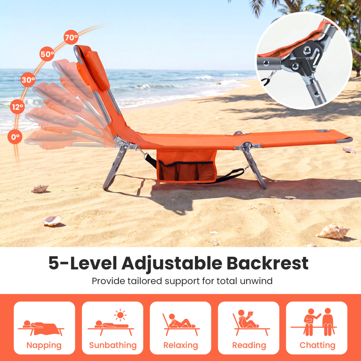 Folding Beach Lounge Chair with Adjustable Backrest for Lawn-Orange