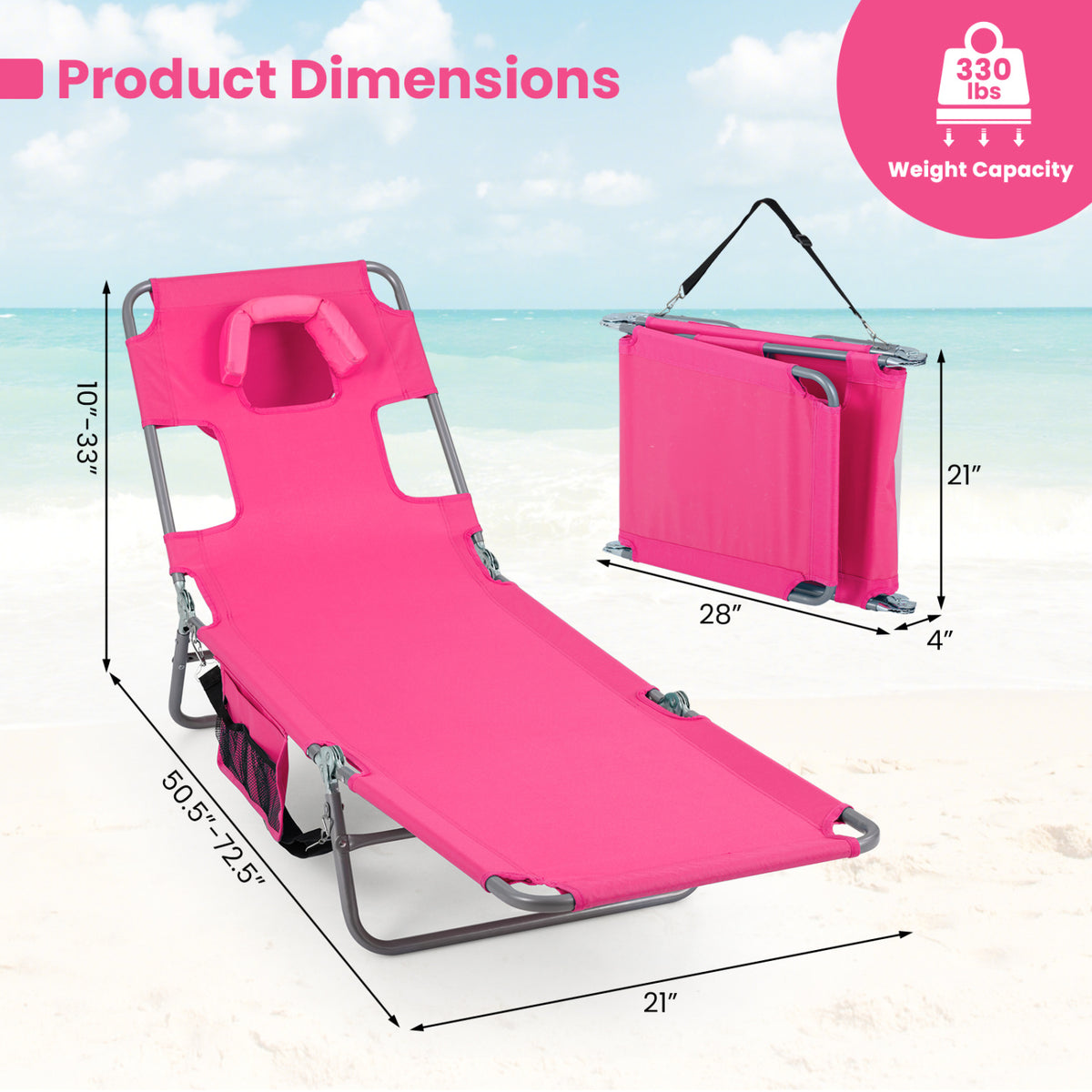 Folding Beach Lounge Chair with Adjustable Backrest for Lawn-Pink
