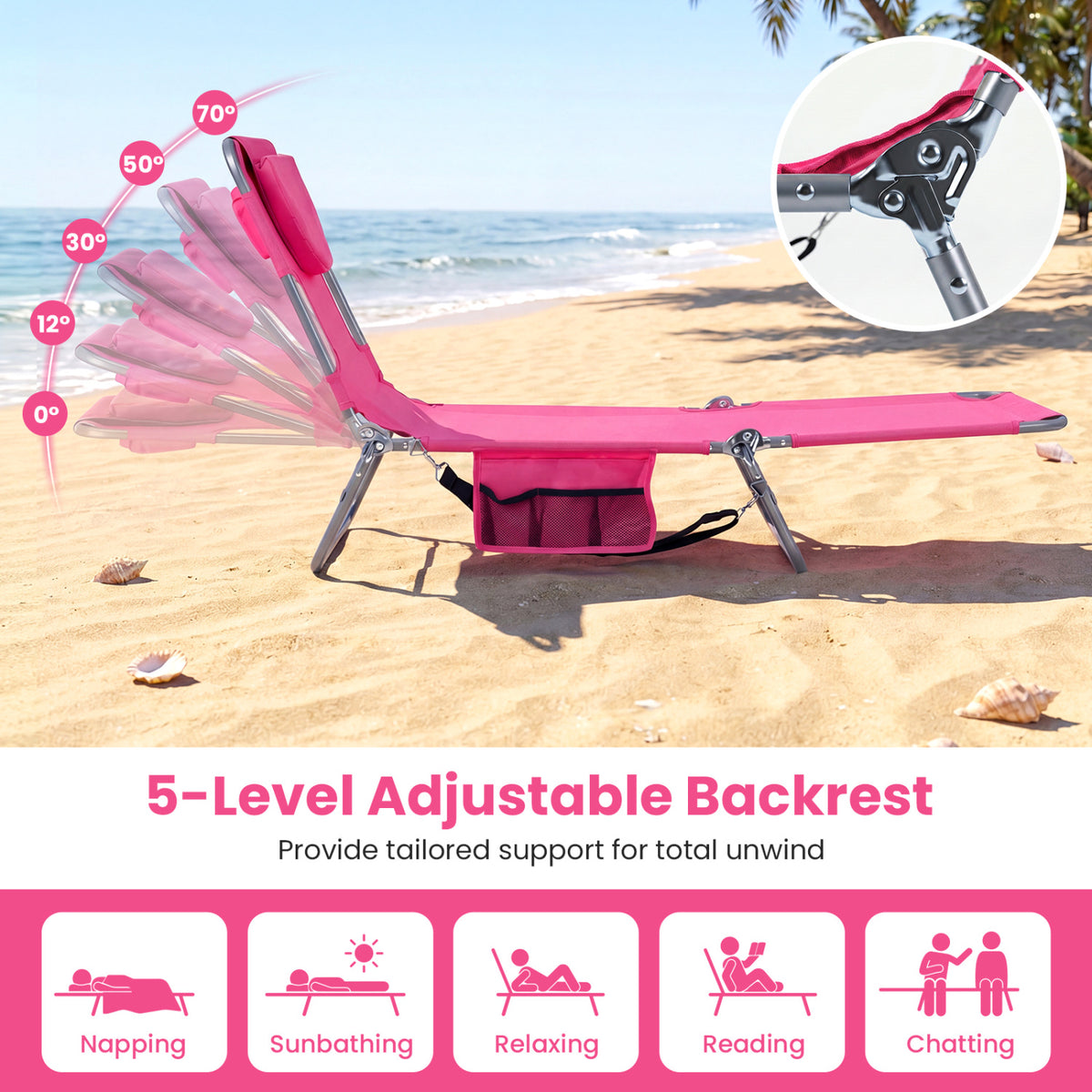 Folding Beach Lounge Chair with Adjustable Backrest for Lawn-Pink