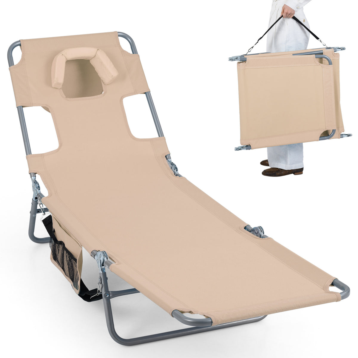 Folding Beach Lounge Chair with Adjustable Backrest for Lawn-Beige