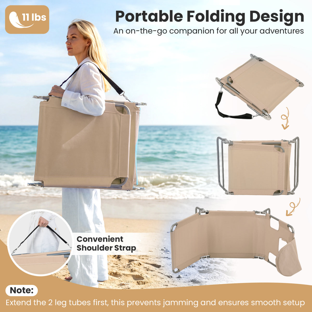 Folding Beach Lounge Chair with Adjustable Backrest for Lawn-Beige