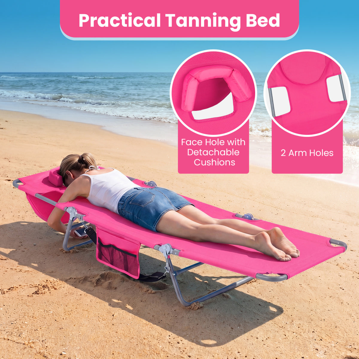 Folding Beach Lounge Chair with Adjustable Backrest for Lawn-Pink
