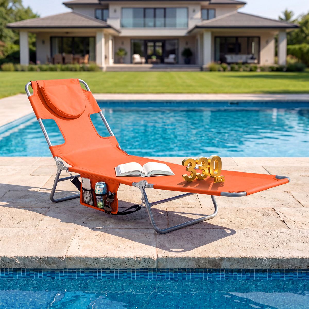 Folding Beach Lounge Chair with Adjustable Backrest for Lawn-Orange