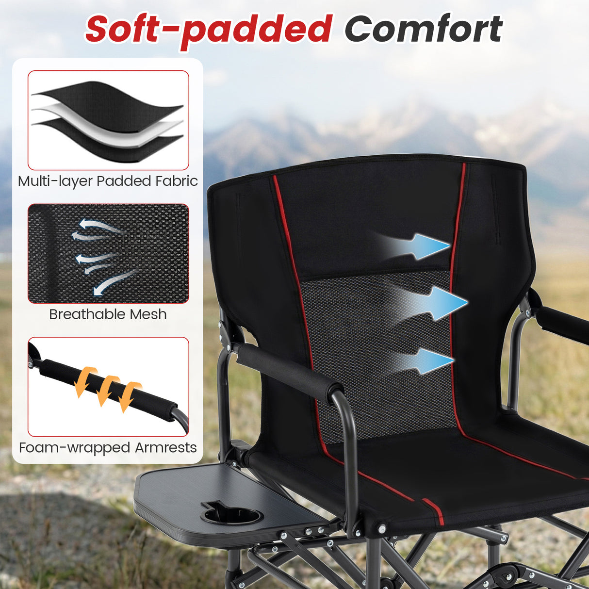 Folding Camping Chair with Side Table and Cup Holder with Carrying Bag-Black