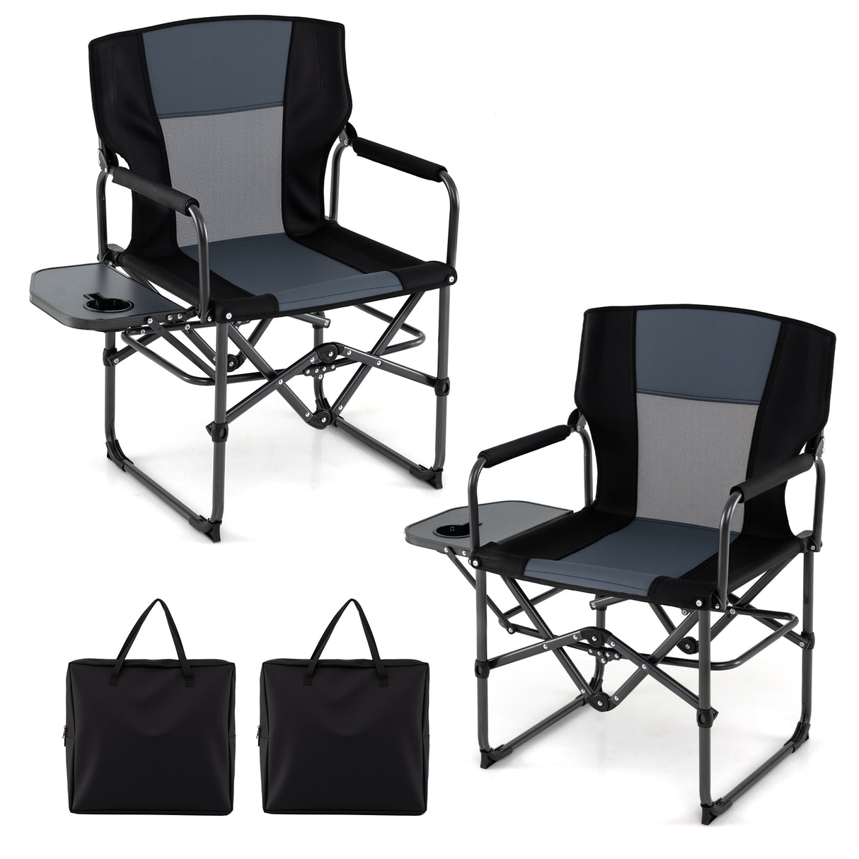 Folding Camping Chair with Side Table and Cup Holder with Carrying Bag-Black & Gray