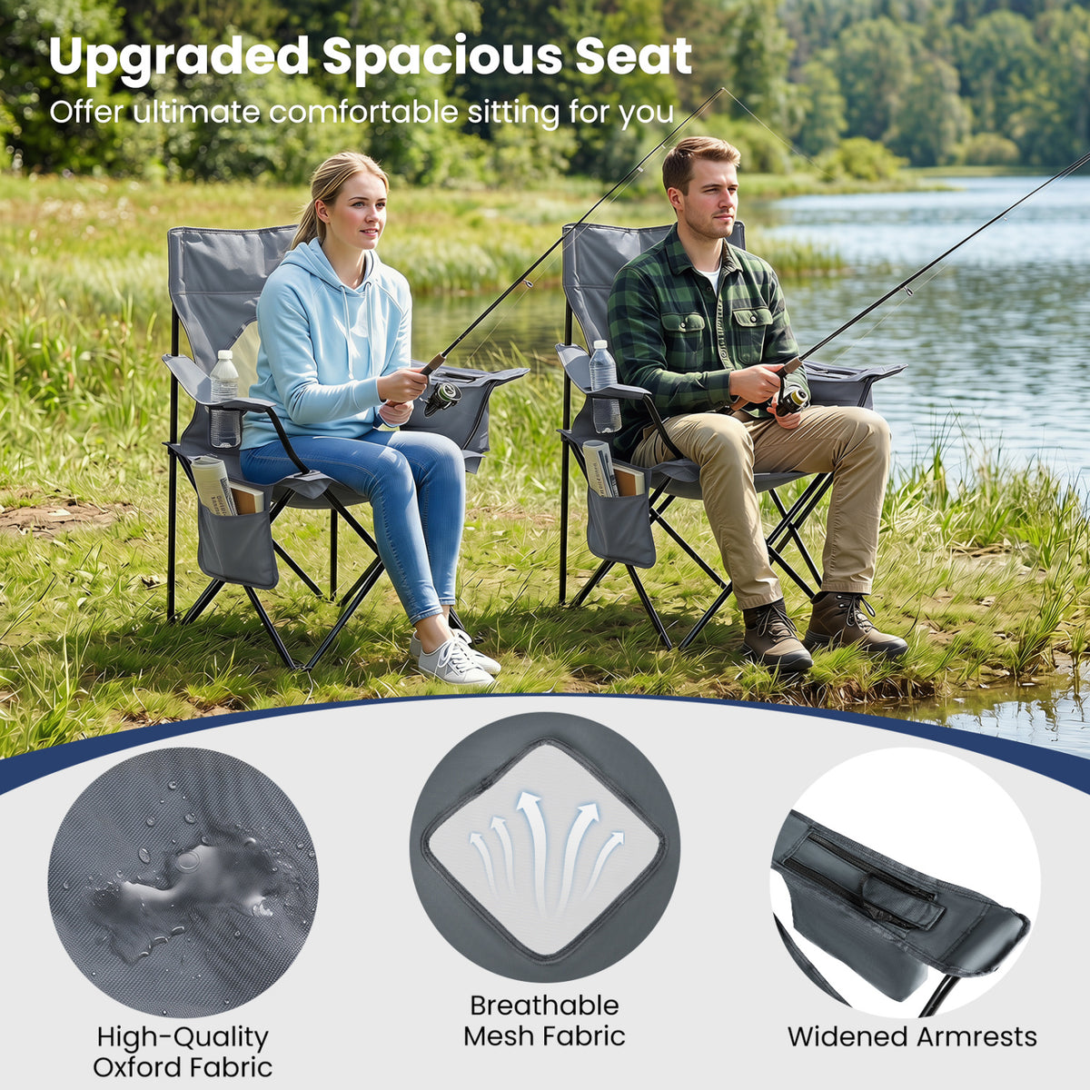 Folding Camping Chair with Mesh Fabric Backrest Solid Metal Frame and Carrying Bag-Gray