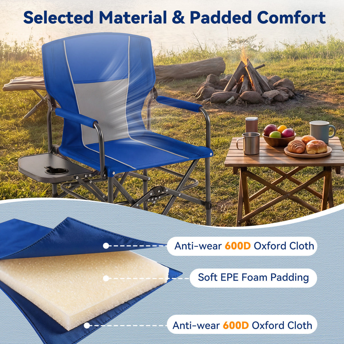 Folding Camping Chair with Side Table and Cup Holder with Carrying Bag-Navy