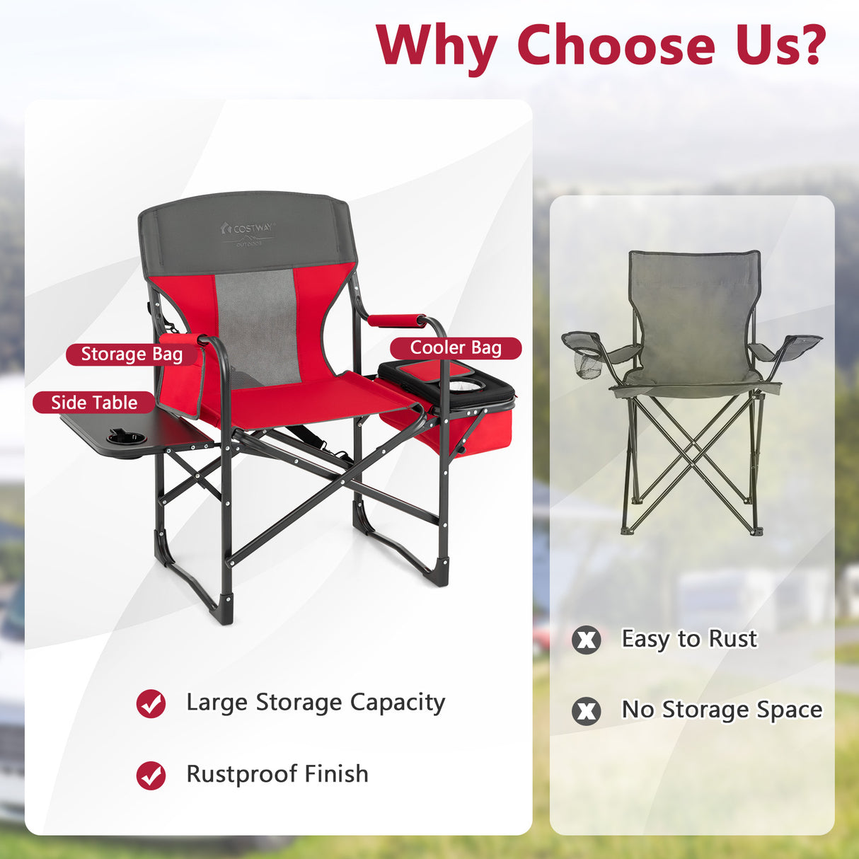 Folding Camping Directors Chair with Cooler Bag and Side Table-Red