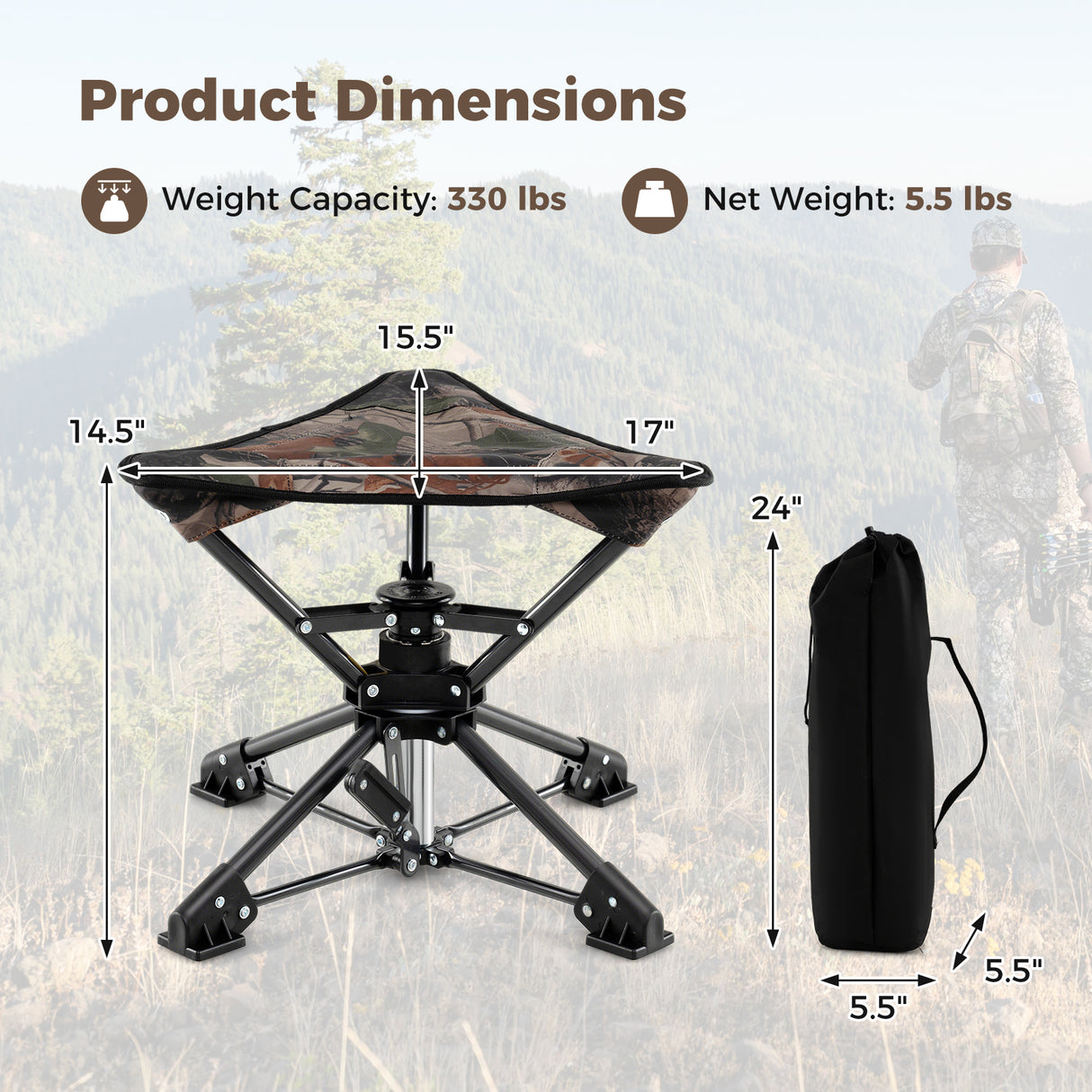 Folding Camping Stool 360 ° Swivel Hunting Chair with Anti-Sink Feet-Camouflage