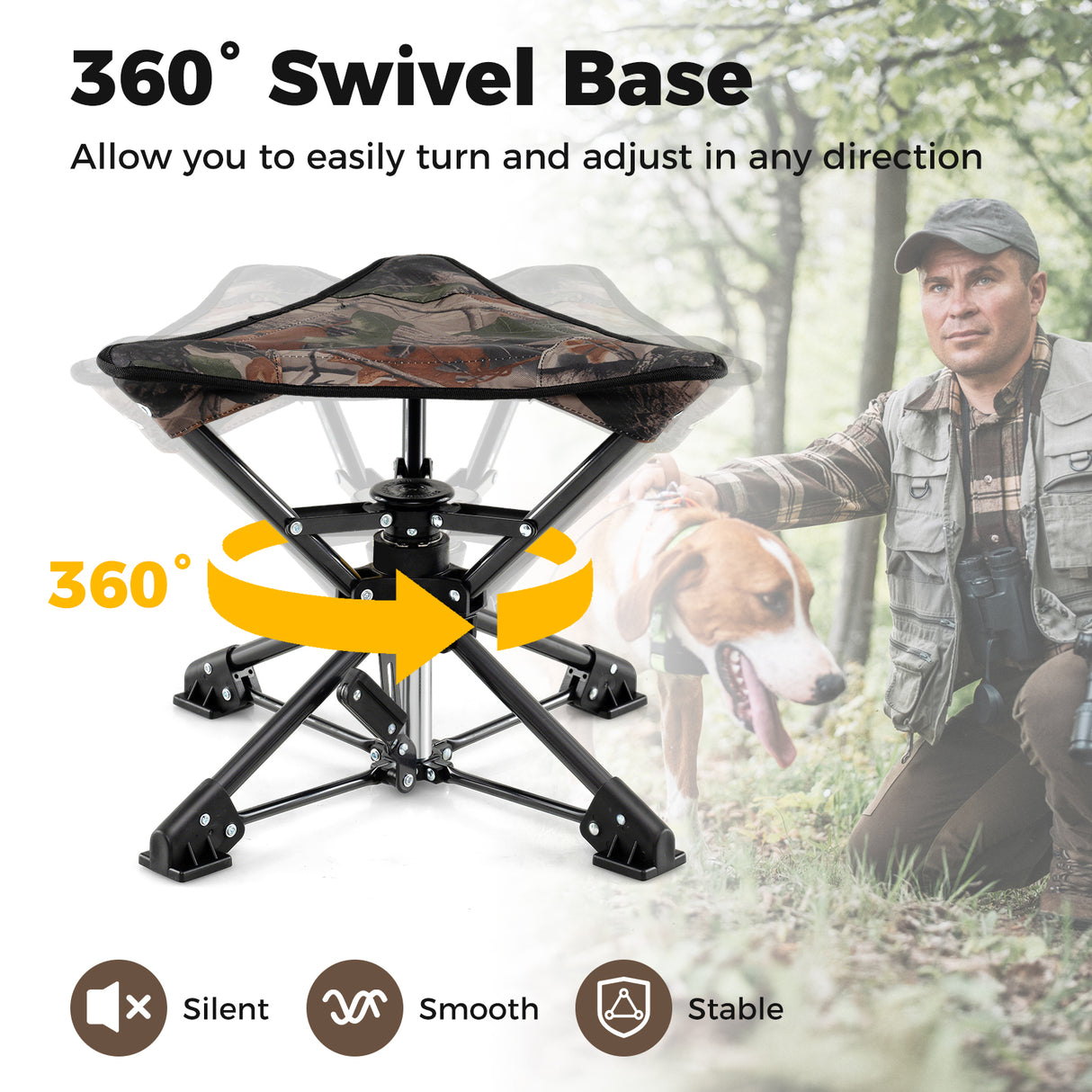 Folding Camping Stool 360 ° Swivel Hunting Chair with Anti-Sink Feet-Camouflage