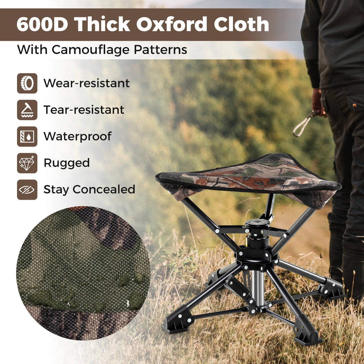 Folding Camping Stool 360 ° Swivel Hunting Chair with Anti-Sink Feet-Camouflage