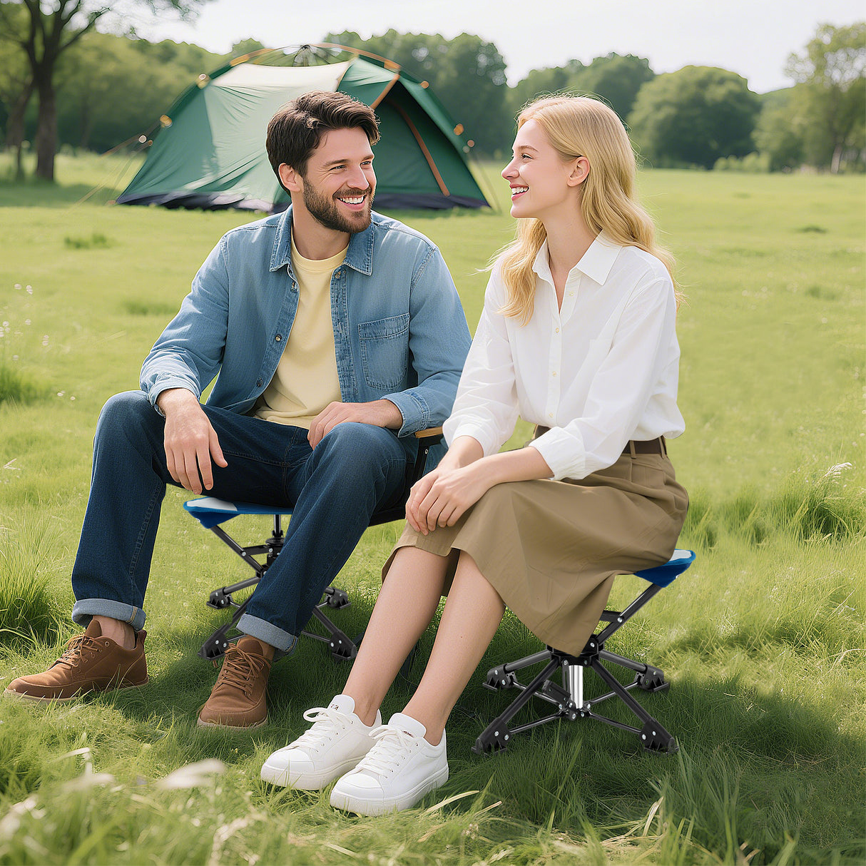 Folding Camping Stool 360 ° Swivel Hunting Chair with Anti-Sink Feet-Blue
