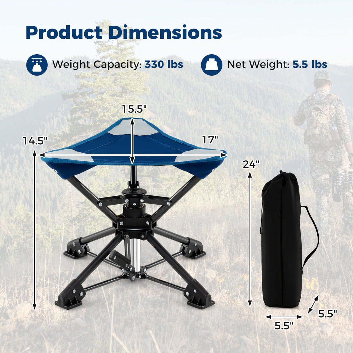 Folding Camping Stool 360 ° Swivel Hunting Chair with Anti-Sink Feet-Blue