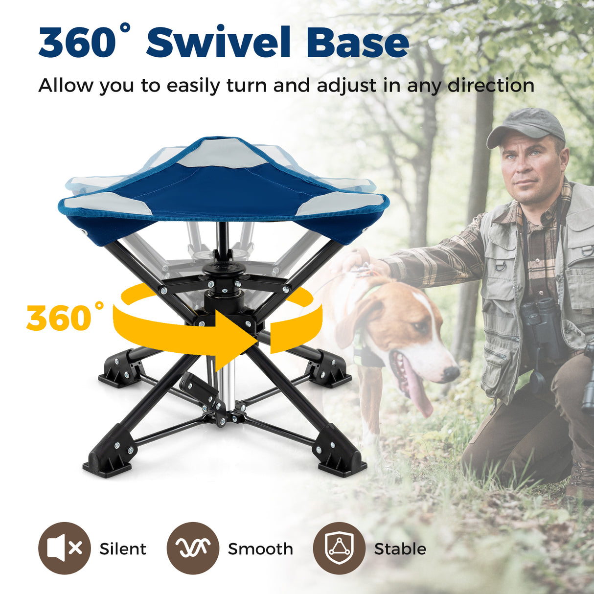 Folding Camping Stool 360 ° Swivel Hunting Chair with Anti-Sink Feet-Blue