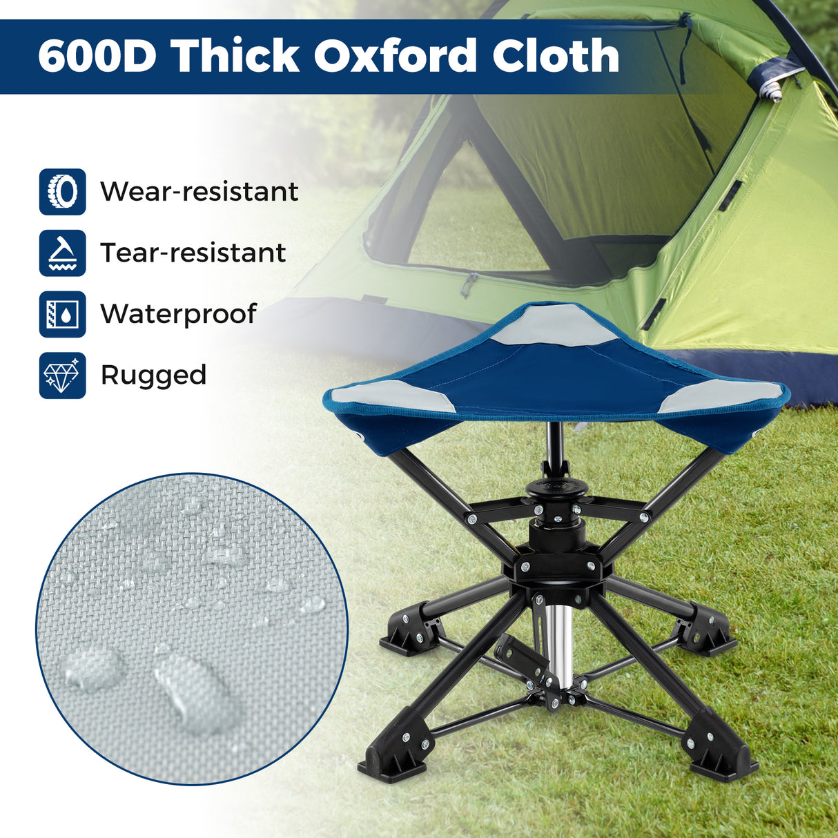 Folding Camping Stool 360 ° Swivel Hunting Chair with Anti-Sink Feet-Blue