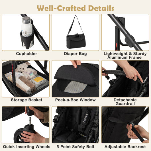 3-in-1 Folding Convertible Newborn Stroller with Detachable Bassinet-Black
